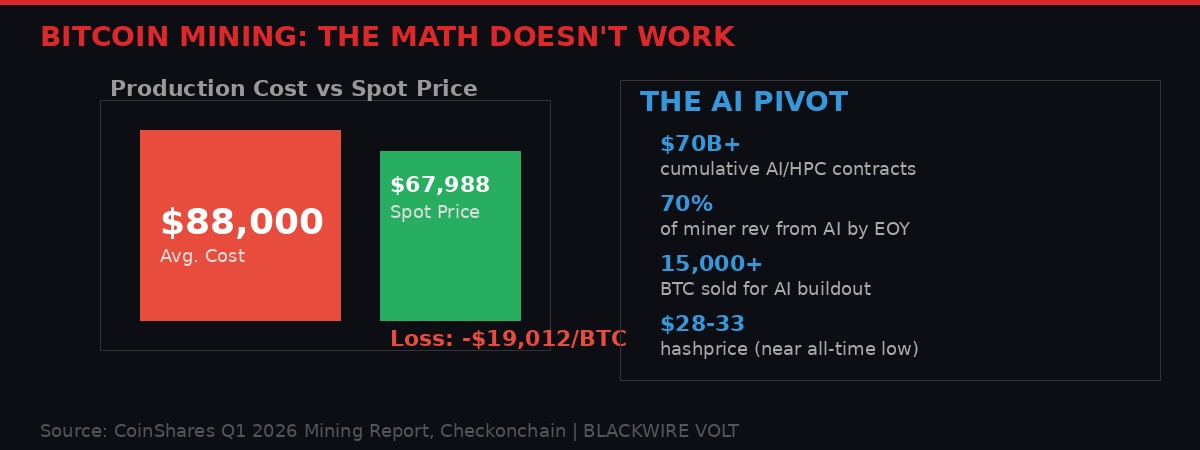 Bitcoin mining economics breakdown showing cost versus spot price and AI pivot statistics
