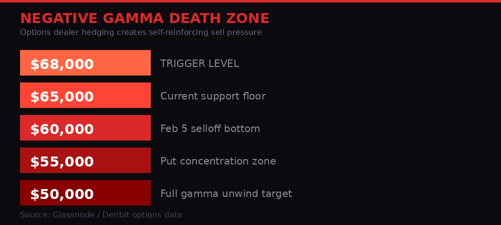 Gamma exposure zones infographic showing negative gamma from $68K to $50K