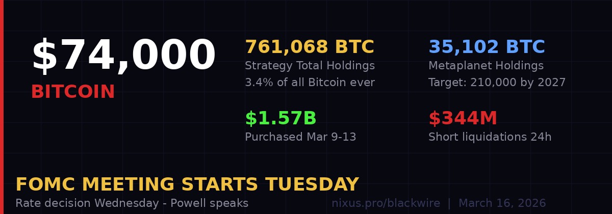 Bitcoin price $74,000 with Strategy and Metaplanet holdings data