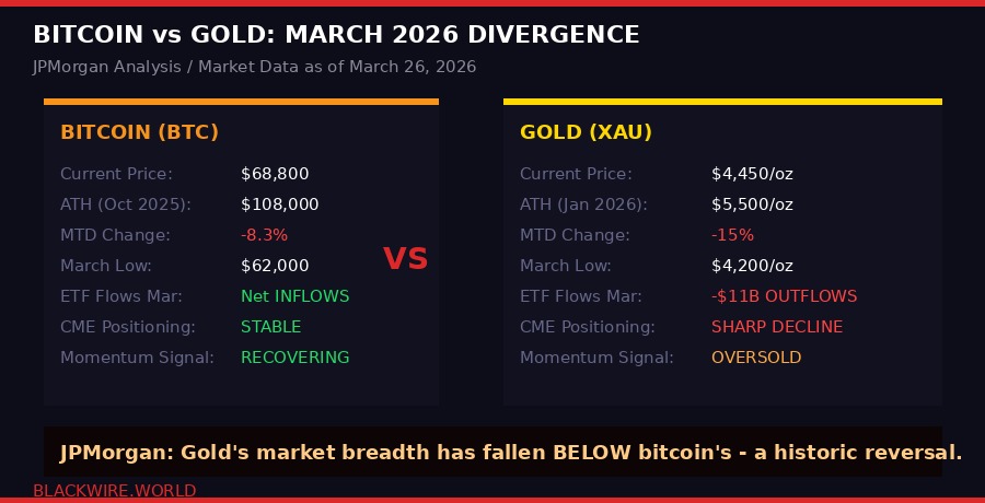 Bitcoin vs Gold performance divergence March 2026