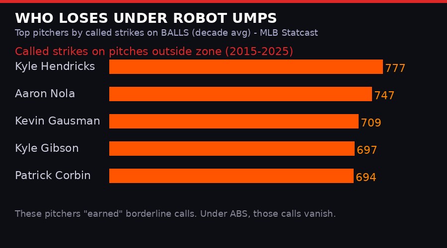 Chart: pitchers who benefited most from human umpire borderline calls over the past decade