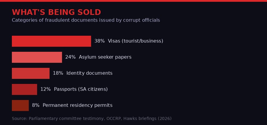Categories of fraudulent documents sold by corrupt officials - bar chart