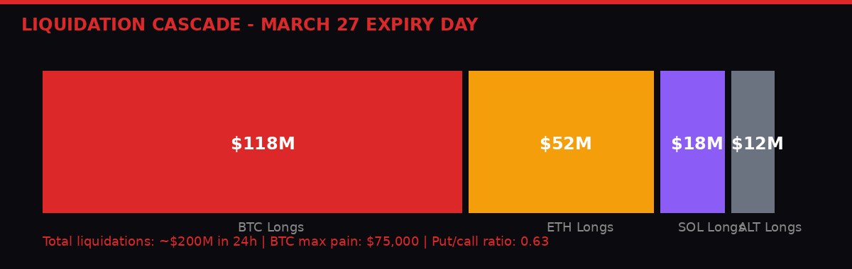 Liquidation cascade chart - BTC ETH SOL longs wiped March 27 2026