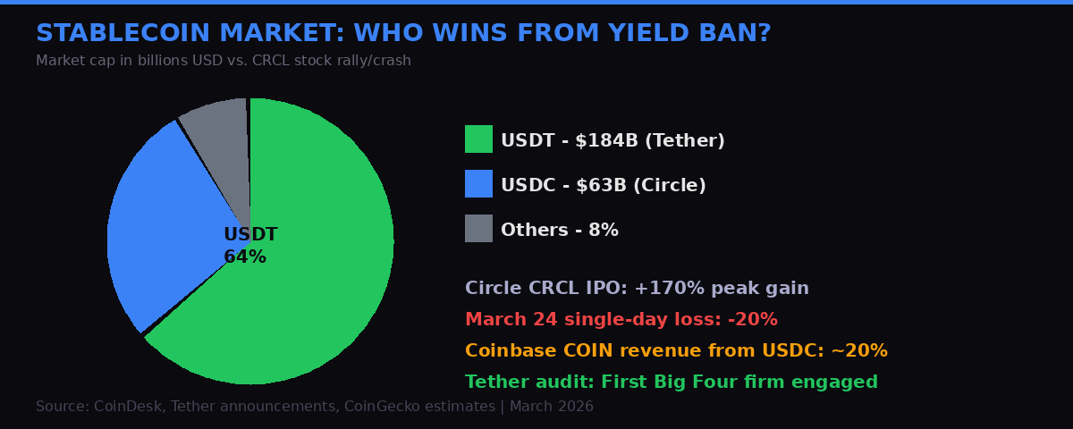 Pie chart of stablecoin market share: USDT 64%, USDC 28%, others 8%
